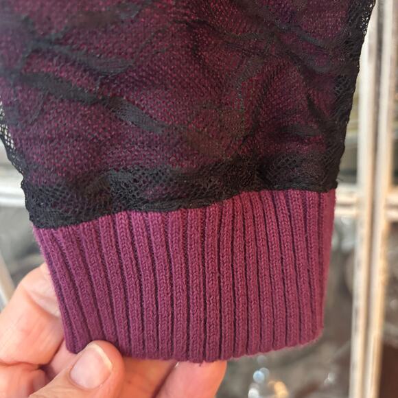 BEHNAZ Saraffour snapfront Plum w black lace overlay Cardigan XL preppygoth - Picture 6 of 7